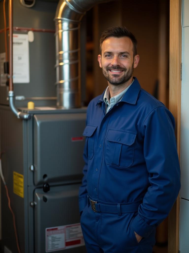 Commodore Heating & Cooling owner and lead HVAC technician standing confidently next to a residential furnace