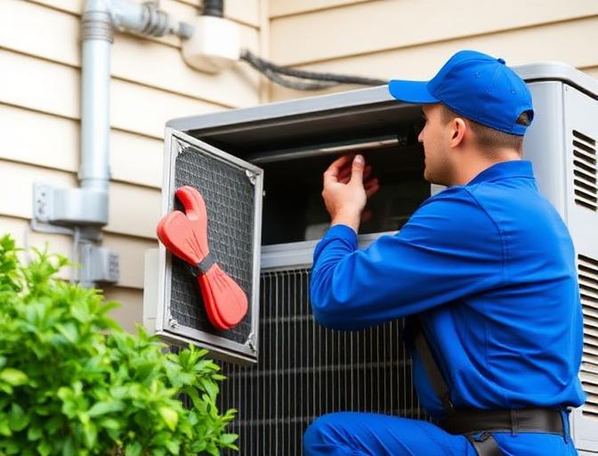 Technician performing AC maintenance checkup