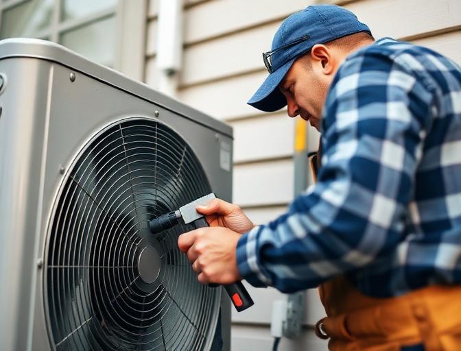 Technician repairing residential AC unit