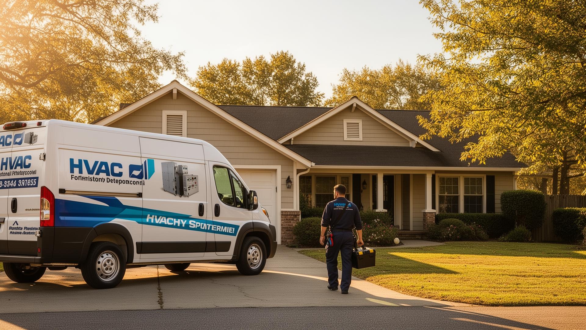 HVAC service van and technician arriving at a residential home for a scheduled appointment