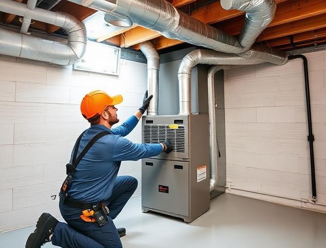 New furnace installation in a basement