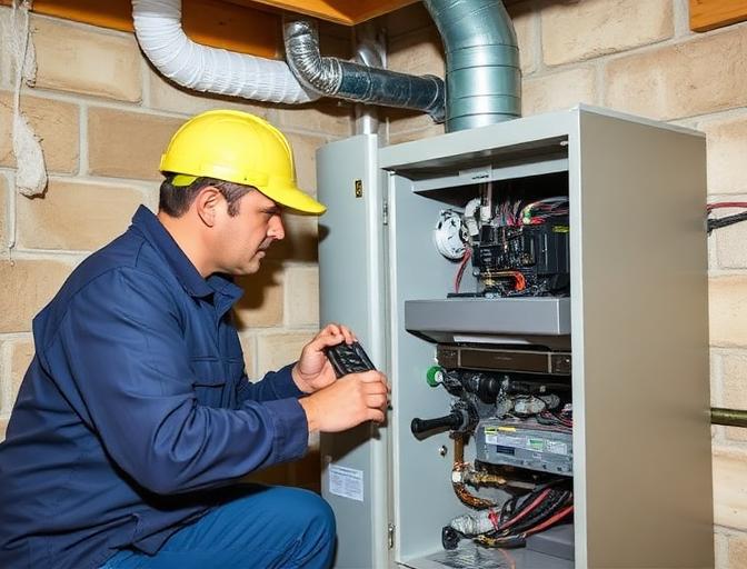 Technician repairing a gas furnace
