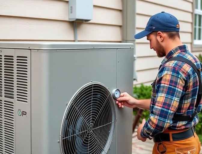 Heat pump being serviced by technician