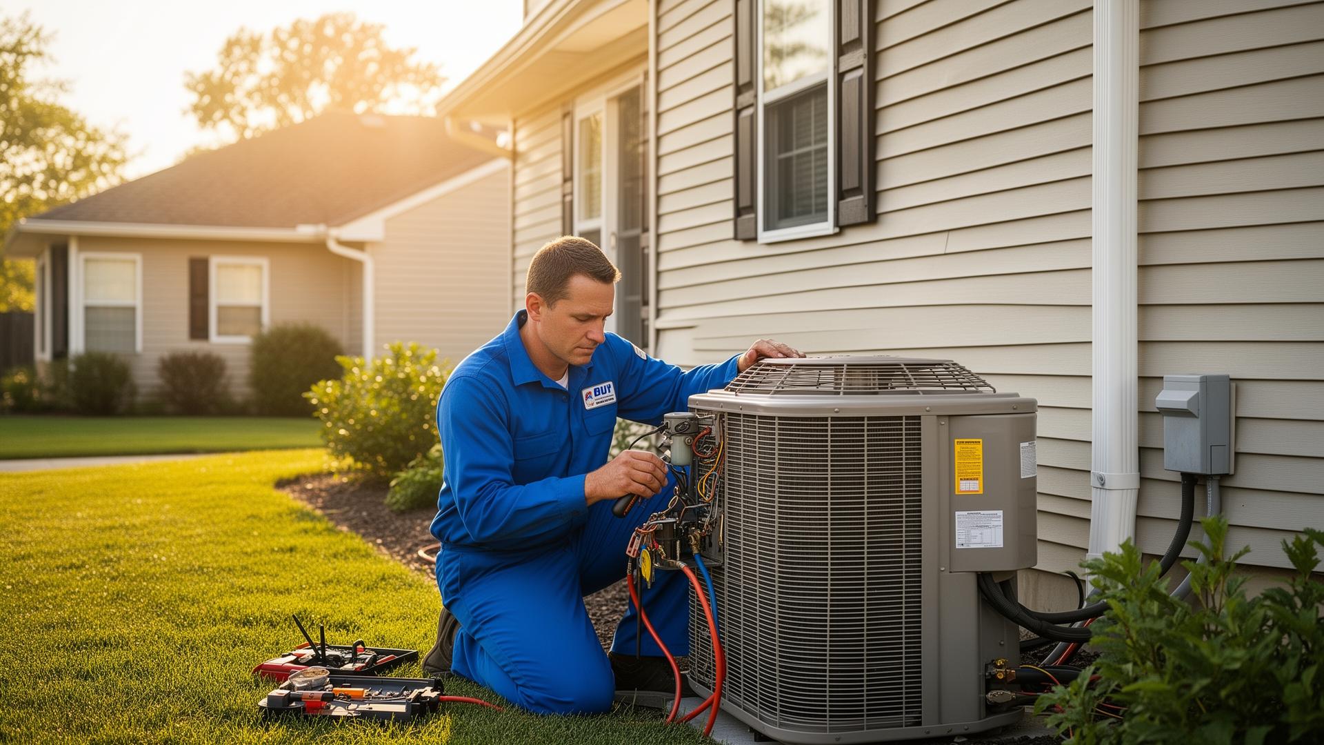 HVAC technician servicing a residential air conditioning unit outside a Toledo home