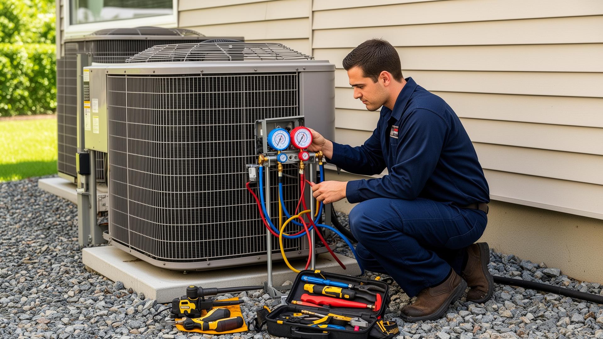 Professional HVAC technician performing AC Maintenance at a residential home in Toledo, Ohio