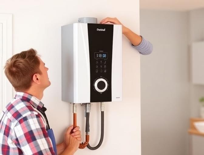 Modern tankless water heater being installed on a wall