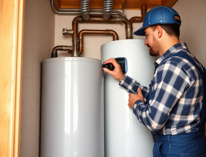 Plumber servicing a water heater tank